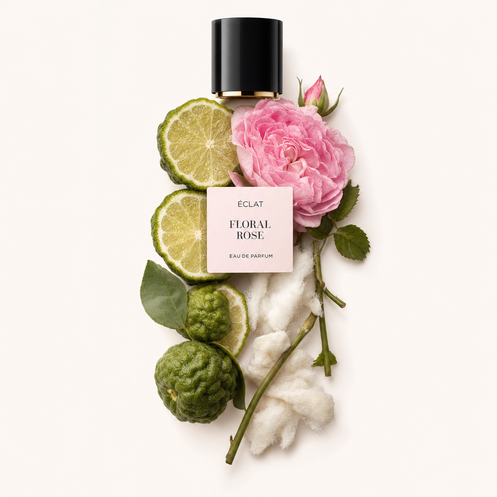 Una composizione di fette di bergamotto fresco, un fiore di rosa rosa e fibre di cotone, accanto a un tappo nero con l'etichetta ÉCLAT Floral Rose.