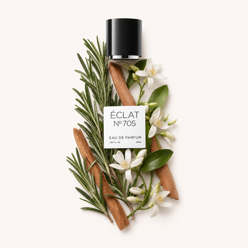Una composizione di rametti di rosmarino, fiori bianchi e bastoncini di sandalo circonda un tappo nero con etichetta ÉCLAT Floral Sandalwood.