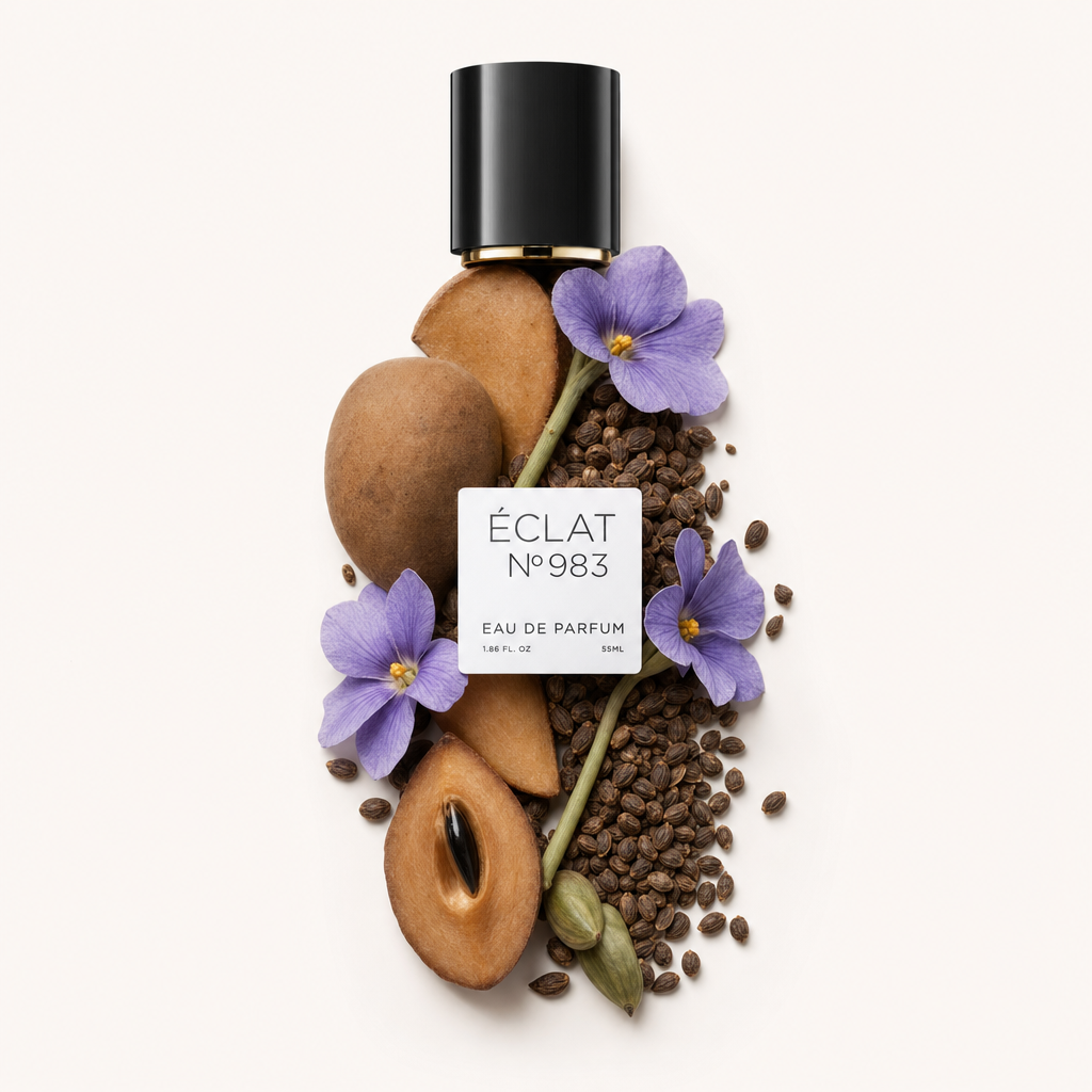 Una composizione accuratamente disposta di ingredienti sapodilla, fiori viola e semi circonda un tappo nero con etichetta ÉCLAT Floral Sapodilla.