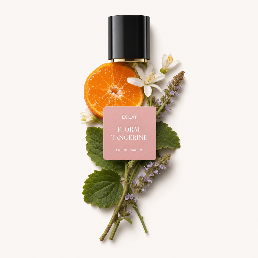 Un arrangiamento di fette di mandarino fresco, delicati fiori bianchi ed erbe aromatiche circonda un tappo nero con etichetta rosa ÉCLAT Floral Tangerine.
