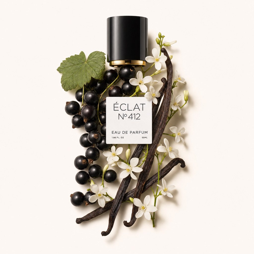 Un arrangiamento di ribes nero, fiori bianchi e baccelli di vaniglia circonda un tappo nero con dettaglio dorato e un'etichetta di ÉCLAT Floral Vanilla.