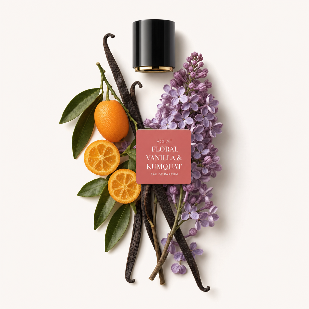 Una composizione di fiori di lillà, kumquat freschi e baccelli di vaniglia circonda un tappo nero con etichetta, rappresentando ÉCLAT Floral Vanilla & Kumquat.