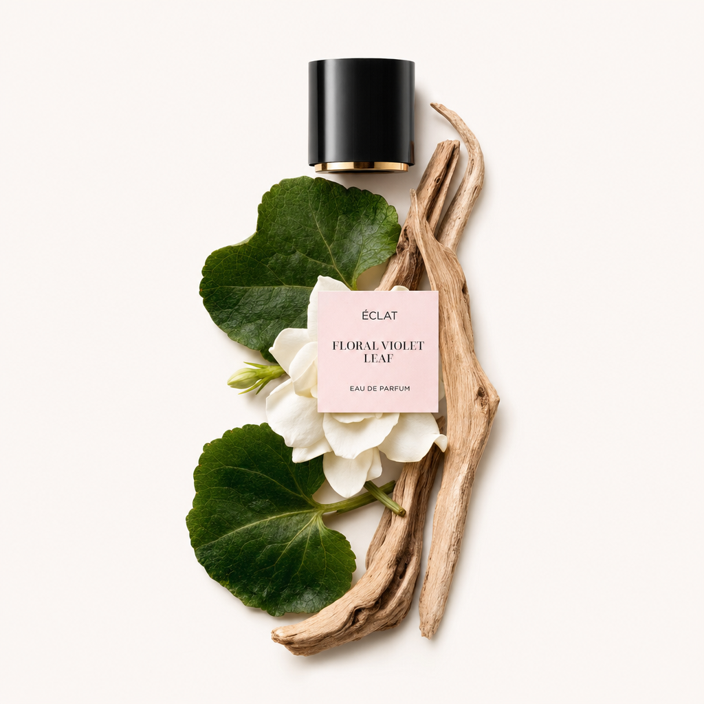 Una composizione di foglie di violetta verdi, delicati fiori bianchi e legni chiari circonda un tappo nero con etichetta ÉCLAT Floral Violet Leaf.