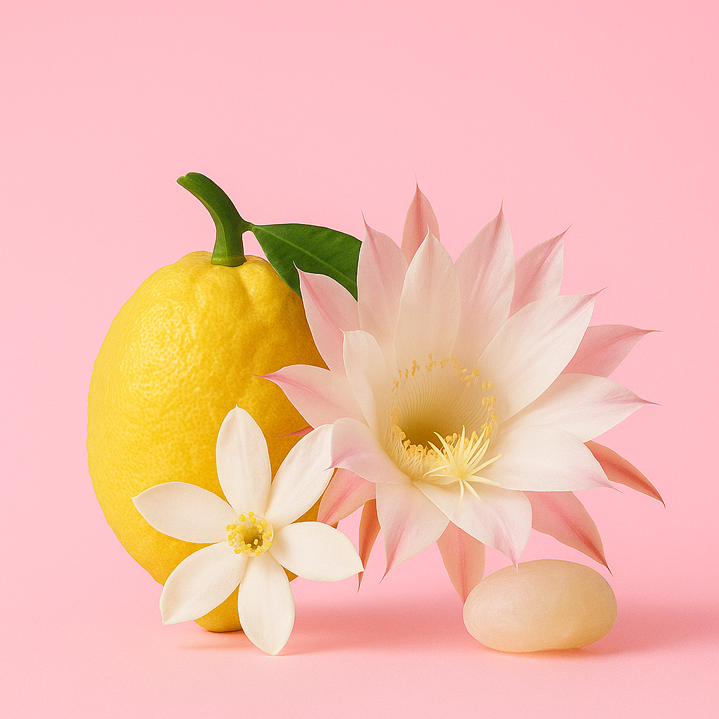 Un limone e due fiori bianchi con centri gialli sono elegantemente disposti su uno sfondo rosa.