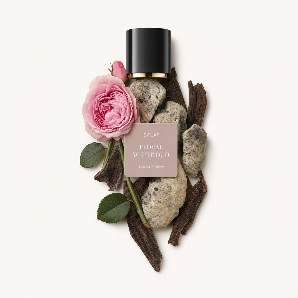 Un arrangiamento per ÉCLAT Floral White Oud, con una rosa rosa, pietre testurizzate e pezzi di legno scuro sotto un tappo nero con fascia dorata.