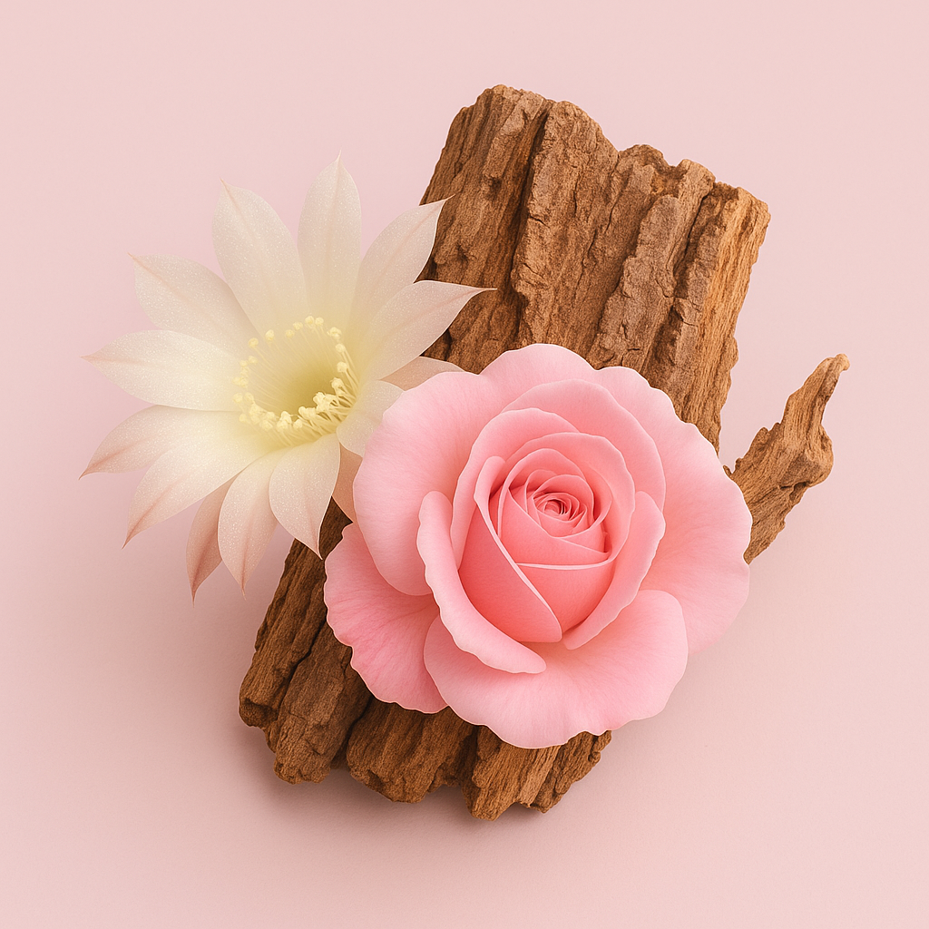 Un delicato arrangiamento di una rosa rosa e un fiore di cactus bianco su un pezzo di corteccia marrone contro uno sfondo rosa tenue.