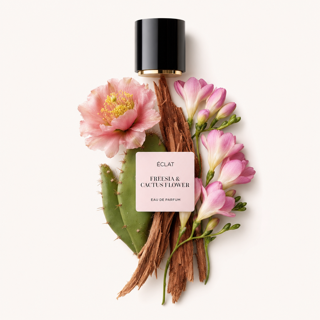 Una composizione di fiori di cactus rosa, fresie fresche e foglie di cactus lussureggianti è artisticamente disposta attorno a un tappo nero con etichetta ÉCLAT Freesia & Cactus Flower.