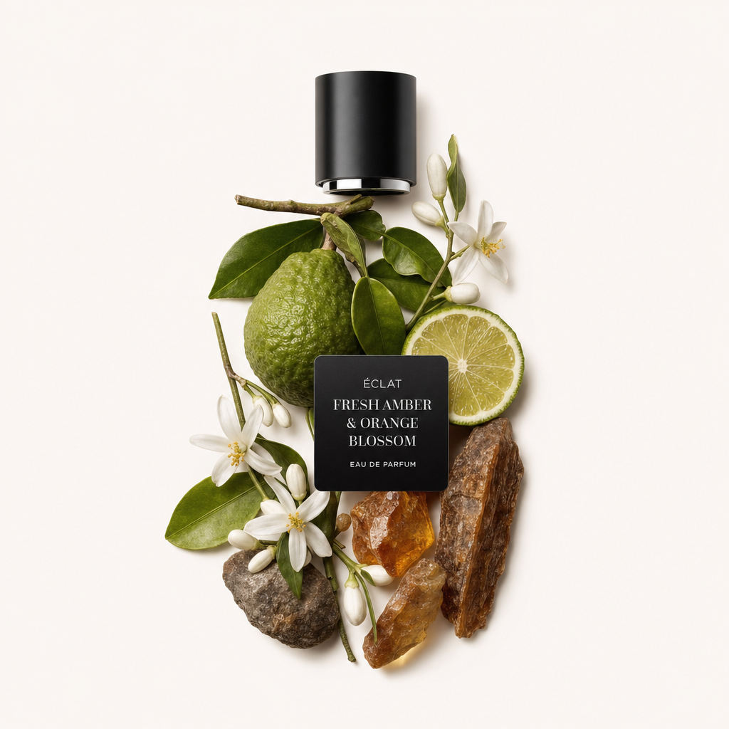 Un arrangiamento di ingredienti fragranti con un bergamotto intero, fetta di lime, fiori d'arancio, resina d'ambra e un tappo nero ÉCLAT con etichetta.