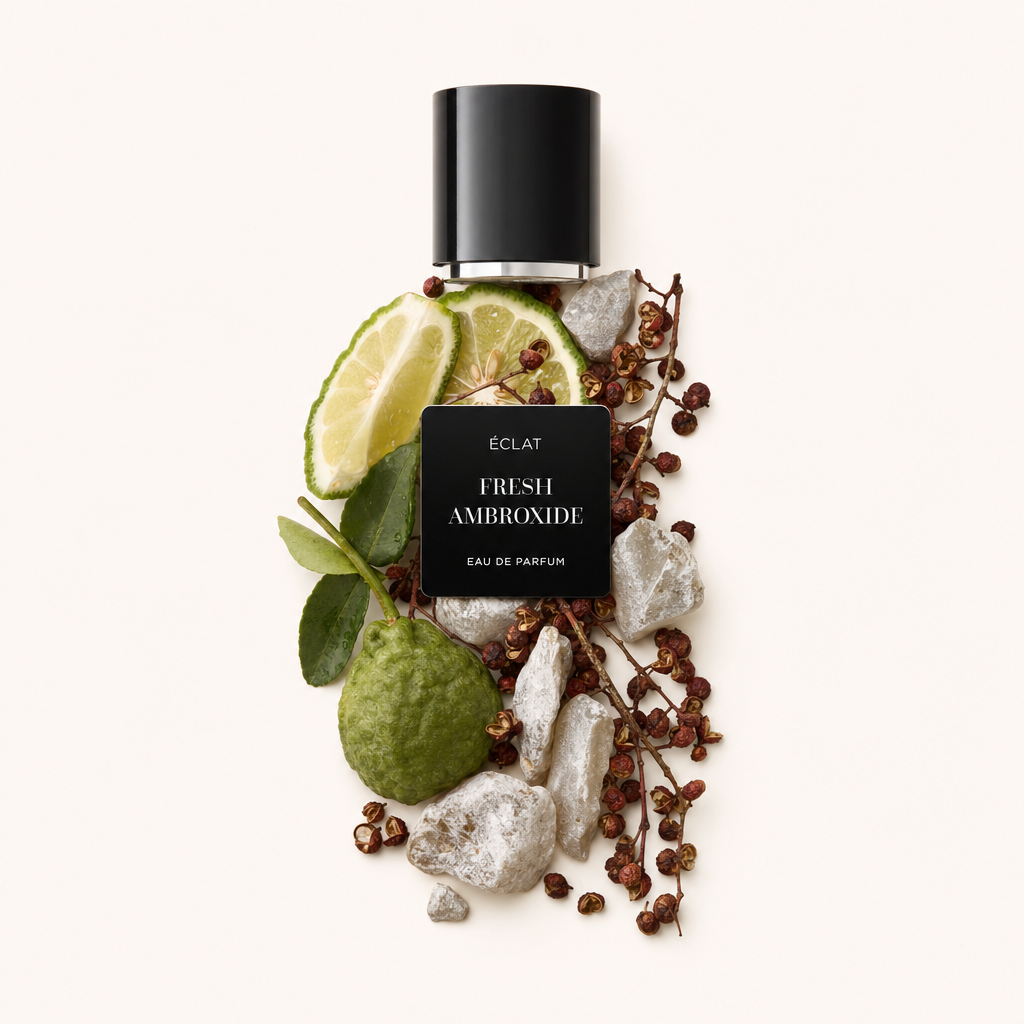 Un arrangiamento di bergamotto, fette di lime e grani di pepe circonda elegantemente il tappo nero con etichetta di ÉCLAT Fresh Ambroxide.