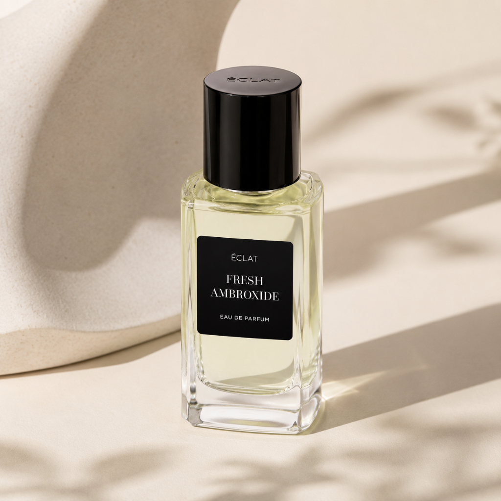 Flacone in vetro sfaccettato di ÉCLAT Fresh Ambroxide con tappo nero lucido, su sfondo beige morbido.