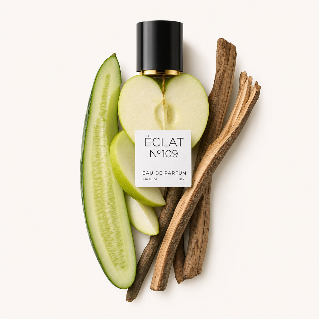 Un arrangiamento con una fetta di mela verde, cetriolo e bastoncini di legno, sormontato da un tappo nero con etichetta ÉCLAT Fresh Apple.