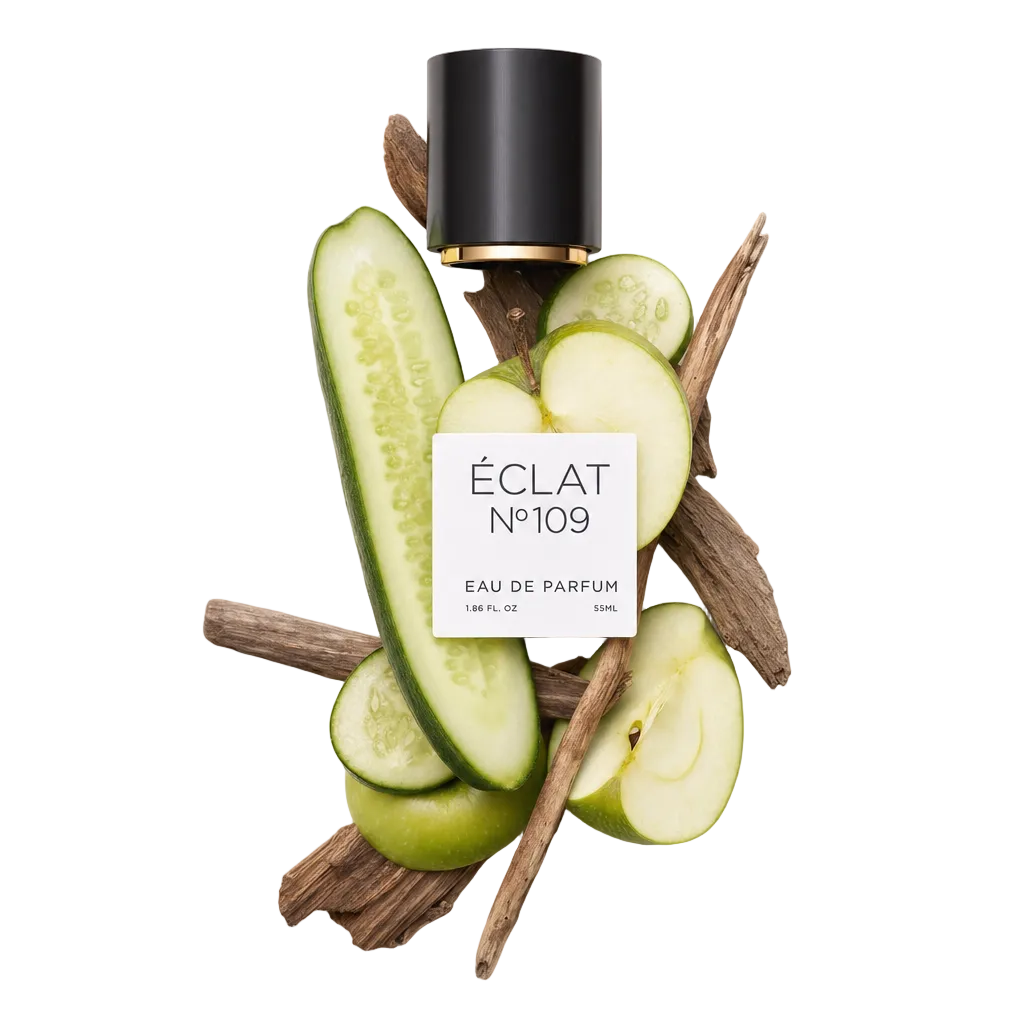 Un arrangiamento di fette di cetriolo fresco, pezzi di mela verde e bastoncini di legno, con un tappo nero con etichetta di ÉCLAT Fresh Apple sopra.