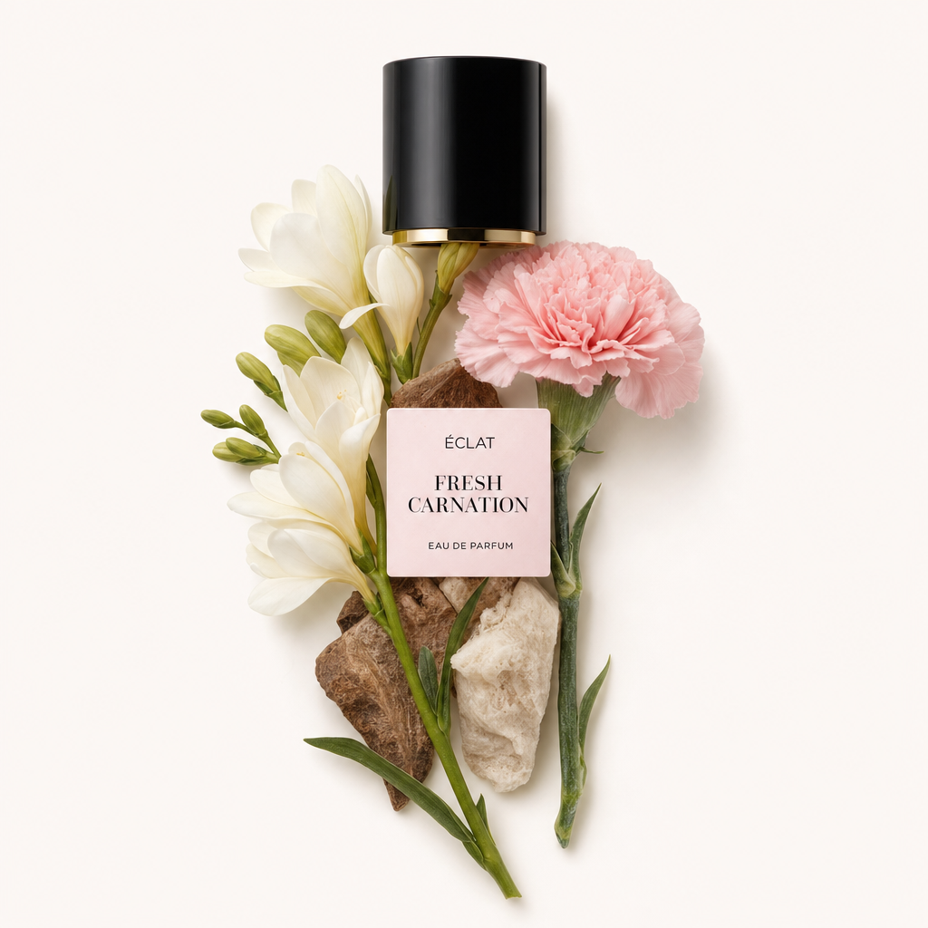 Un delicato arrangiamento di fresie bianche, un garofano rosa e pietre circonda un tappo nero con una fascia dorata e l'etichetta ÉCLAT Fresh Carnation.