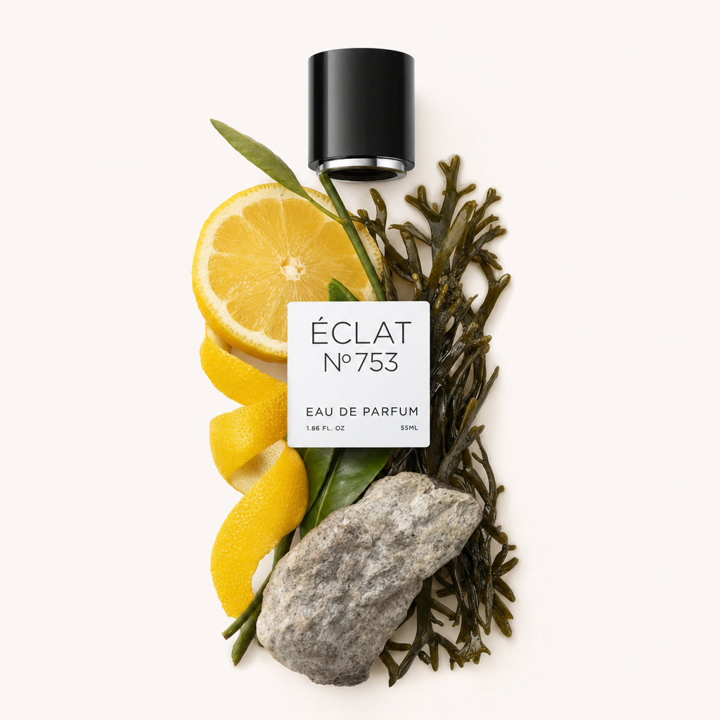 Una composizione di vivaci fette di limone, foglie verdi e roccia ruvida circonda un elegante tappo nero ÉCLAT con etichetta.