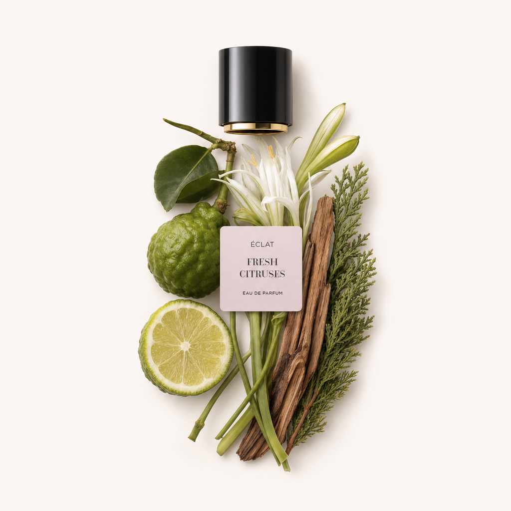 Una natura morta arrangiata a mano di agrumi, foglie, fiori bianchi e legno, che circonda un tappo nero con etichetta per ÉCLAT Fresh Citruses.