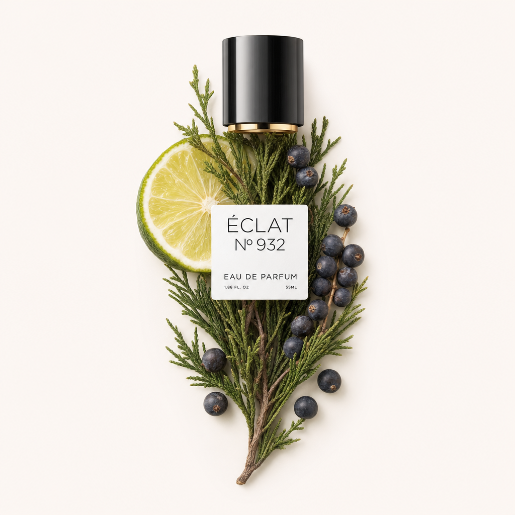 Un tappo nero con bordo dorato su un arrangiamento di cipresso fresco, fetta di lime e bacche di ginepro, che rappresenta la fragranza ÉCLAT Fresh Cypress.