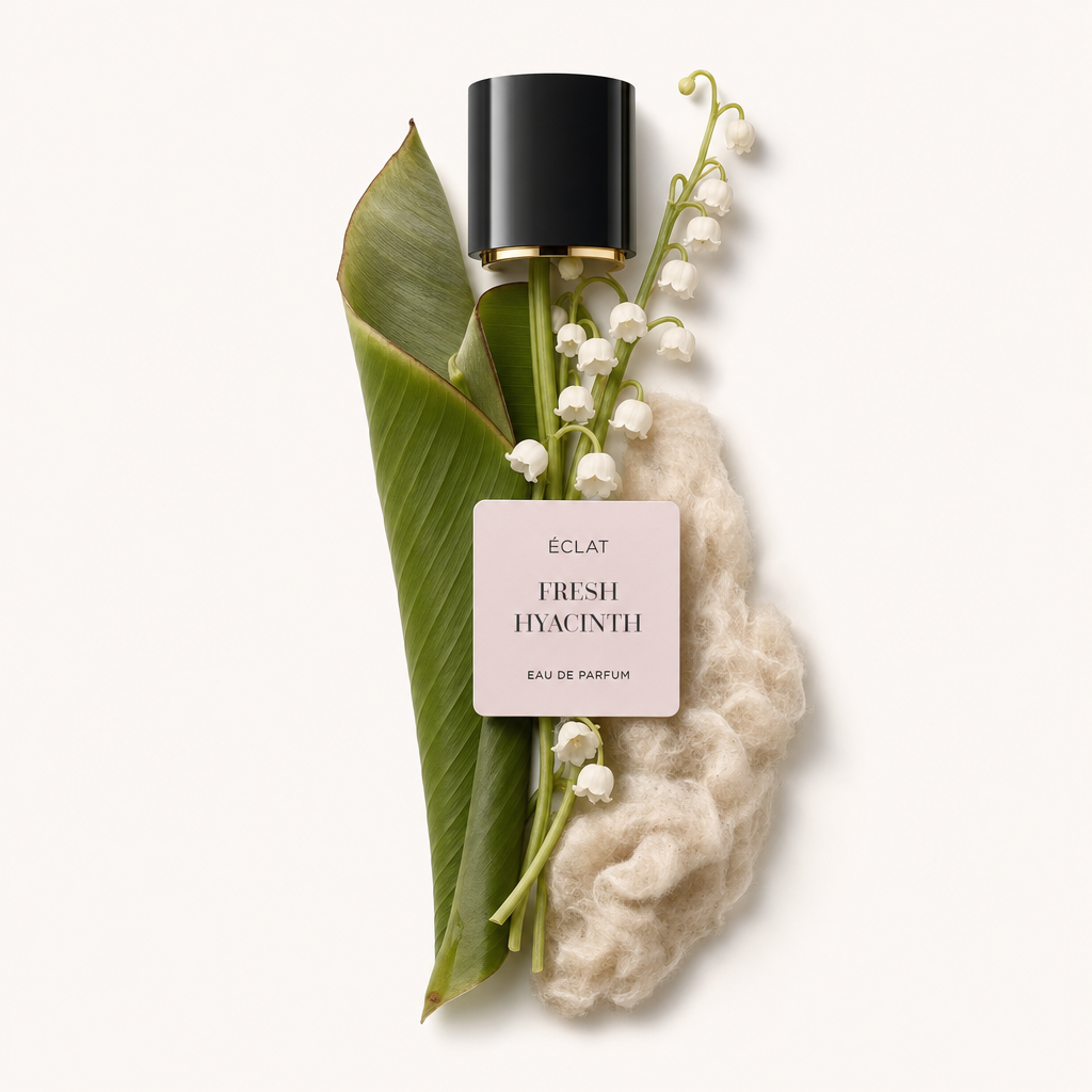 Una composizione di foglie verdi fresche e delicati fiori bianchi disposti accanto a un materiale fibroso e morbido, sormontata da un tappo nero con etichetta ÉCLAT Fresh Hyacinth.