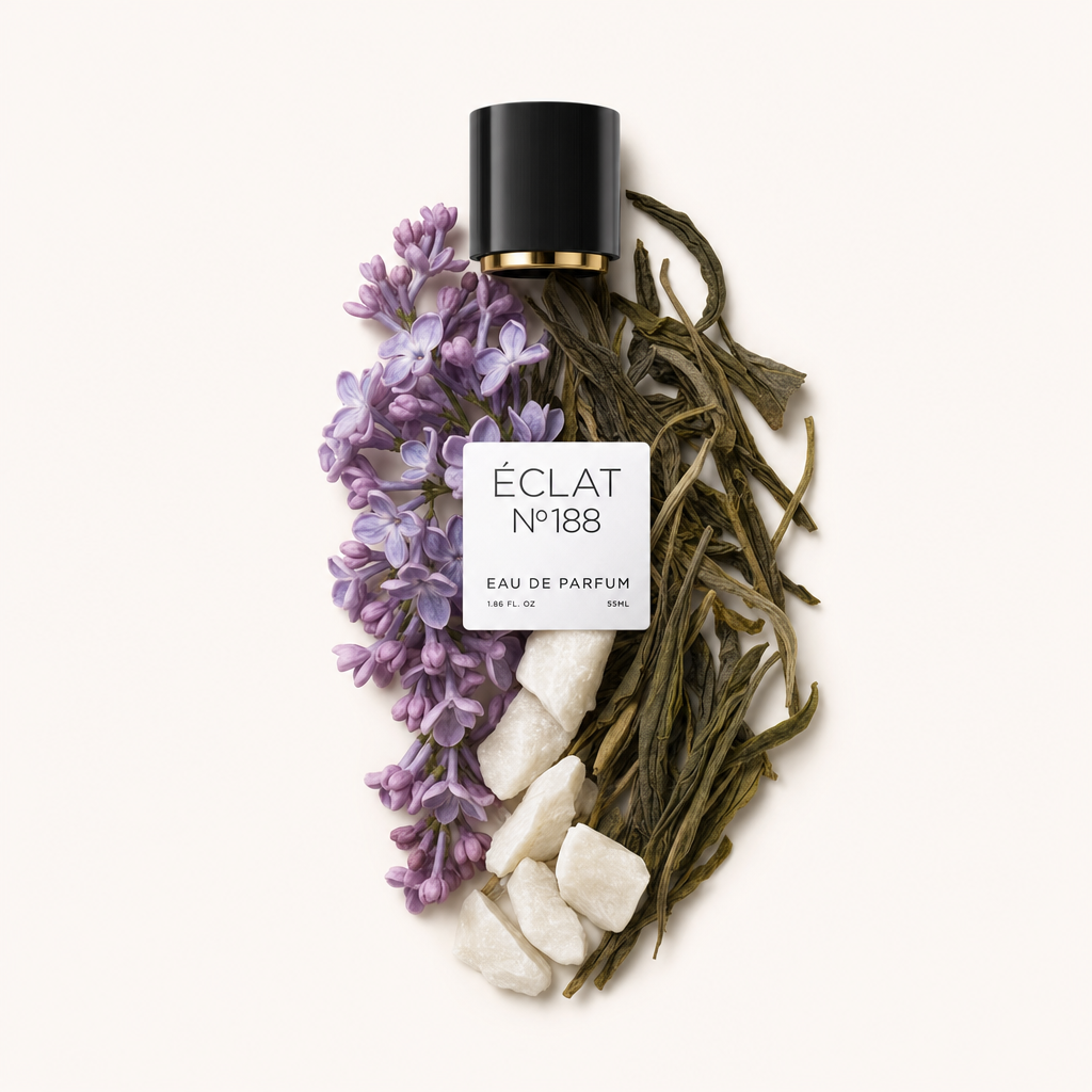 Un arrangiamento di fiori di lillà, foglie di tè verde e pietre bianche accanto a un tappo nero con dettaglio dorato ed etichetta ÉCLAT Fresh Lilac.
