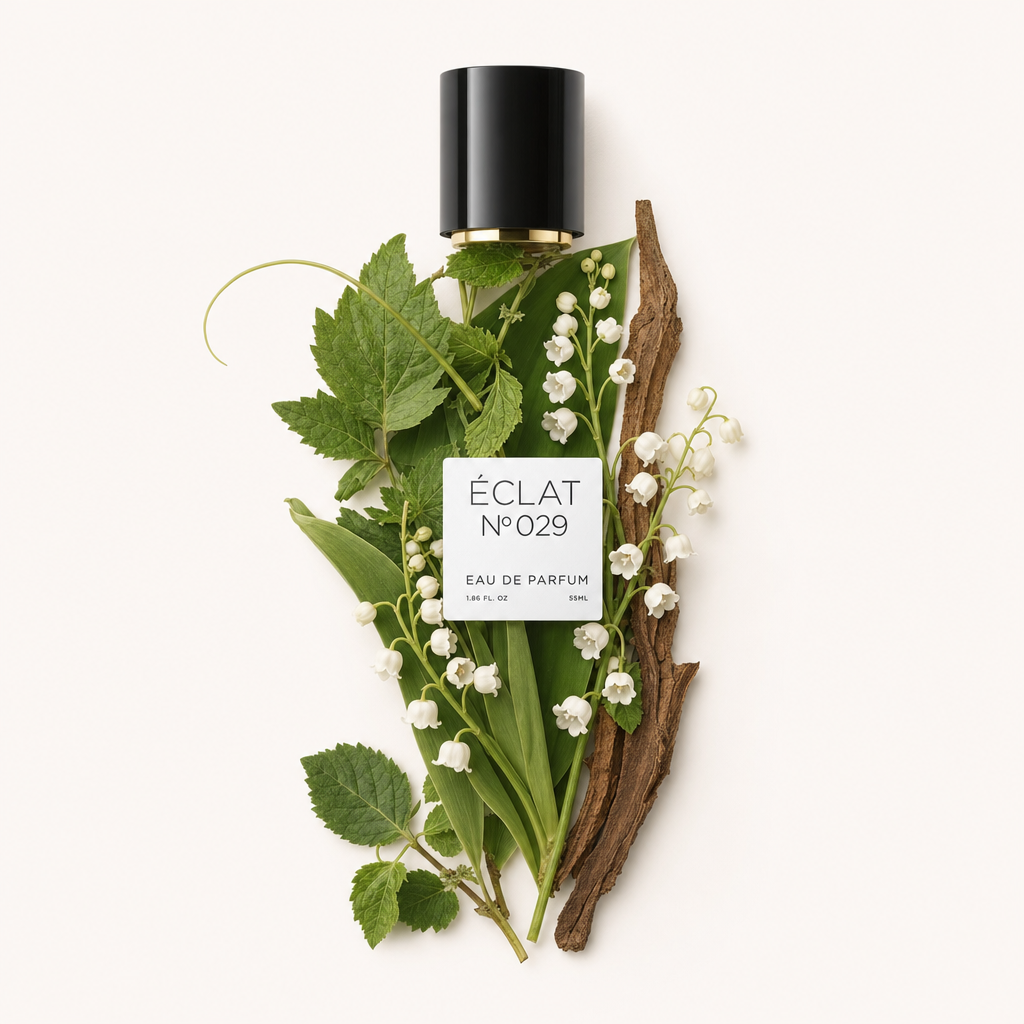 Un arrangiamento di mughetto fresco, foglie verdi e un pezzo di corteccia circondano elegantemente il tappo nero con etichetta di ÉCLAT Fresh Lily Of The Valley.