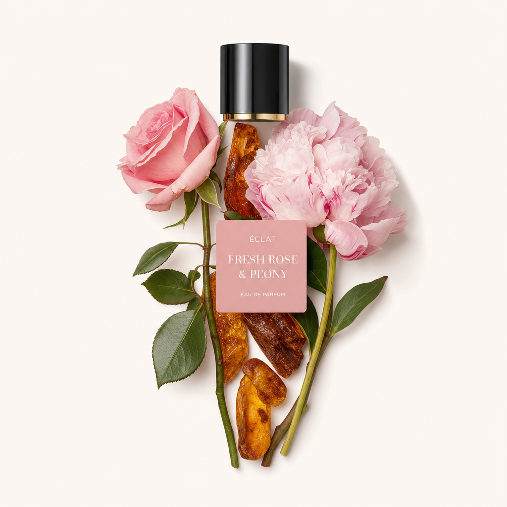 Una composizione di fiori freschi di rosa e peonia rosa con ambra e il tappo nero originale con etichetta ÉCLAT Fresh Rose & Peony.