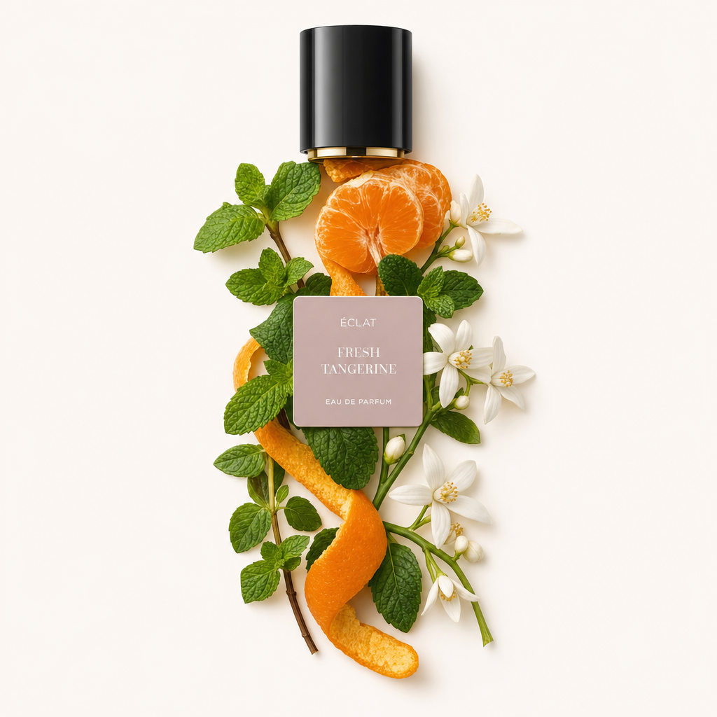 Un arrangiamento di fette di mandarino fresco, scorza d'arancia, foglie di menta e fiori bianchi circonda un tappo nero con fascia dorata. L'etichetta ÉCLAT Fresh Tangerine è visibile.