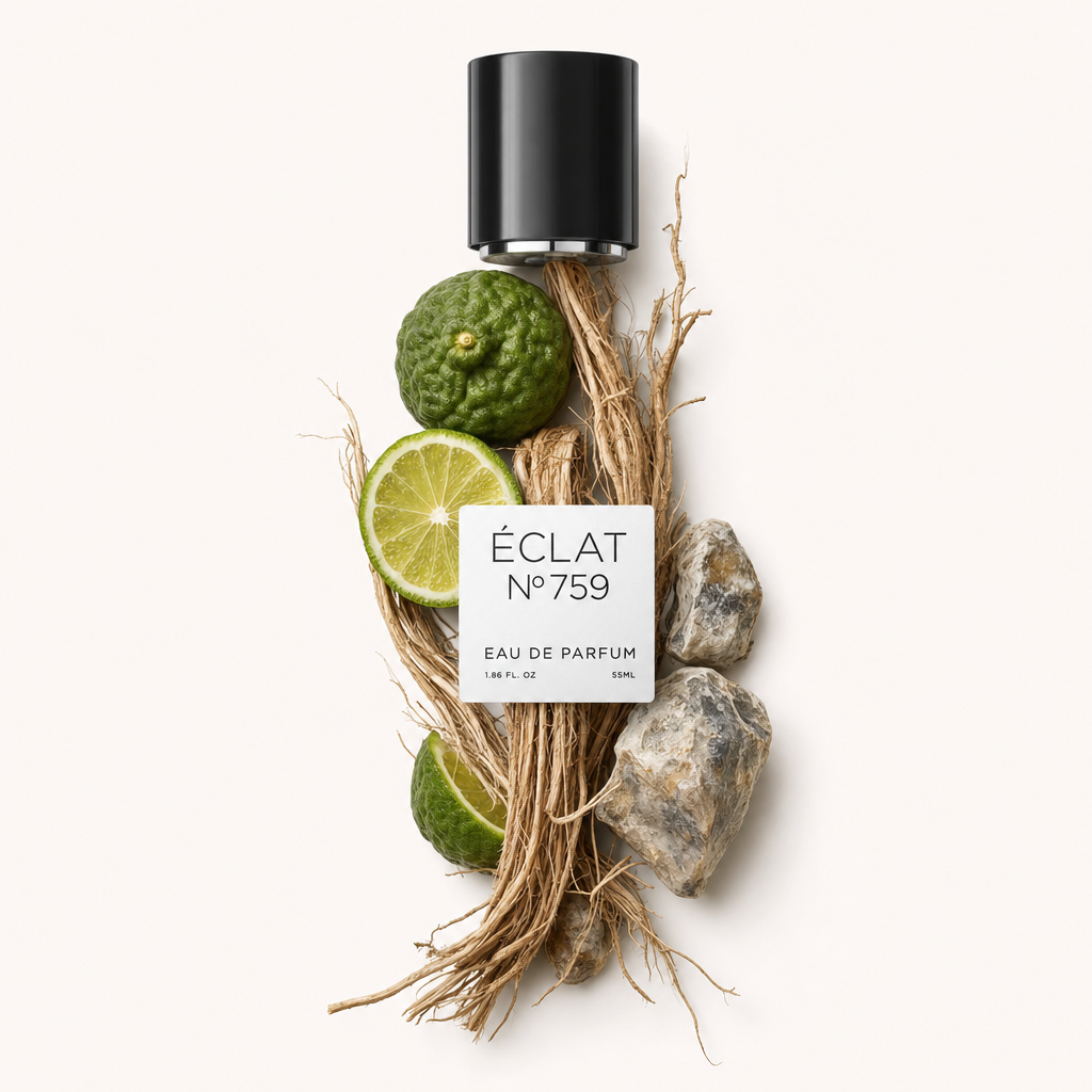 Una composizione di radici di vetiver fresco, un lime tagliato a metà e bergamotto circonda un tappo nero con etichetta ÉCLAT Fresh Vetiver.