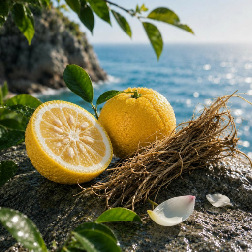 Yuzu fresco e vetiver su una pietra vicino al mare, circondati da foglie verdi lussureggianti e petali.
