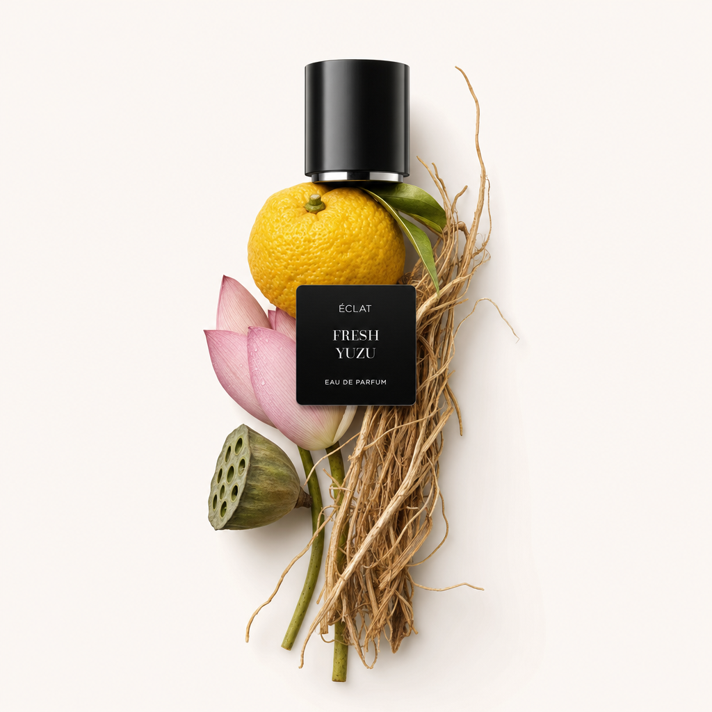 Un arrangiamento di frutto di yuzu fresco, petali di loto rosa e erba secca circonda un tappo nero con etichetta per ÉCLAT Fresh Yuzu.
