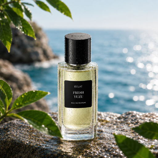 Una bottiglia in vetro sfaccettato di ÉCLAT Fresh Yuzu con etichetta e tappo nero opaco, ambientata su uno sfondo costiero.