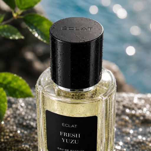 Flacone di vetro sfaccettato di ÉCLAT Fresh Yuzu con tappo nero, su sfondo naturale con foglie e gocce d'acqua.