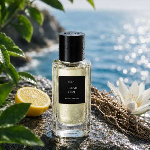 ÉCLAT Fresh Yuzu su una superficie rocciosa con uno yuzu tagliato e un fiore, su uno sfondo di mare illuminato dal sole.