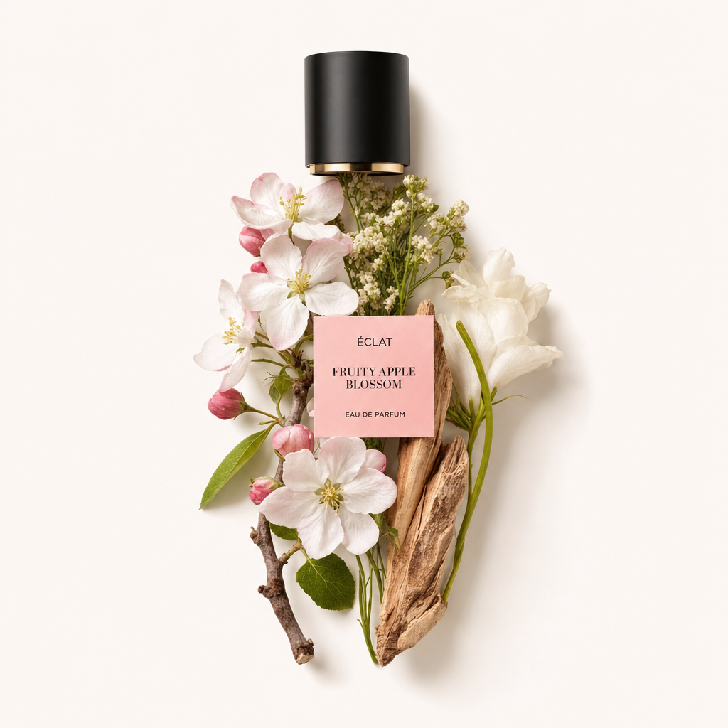 Una composizione di fiori di melo, ramoscelli e delicati fiori bianchi circonda un tappo nero con etichetta per ÉCLAT Fruity Apple Blossom.