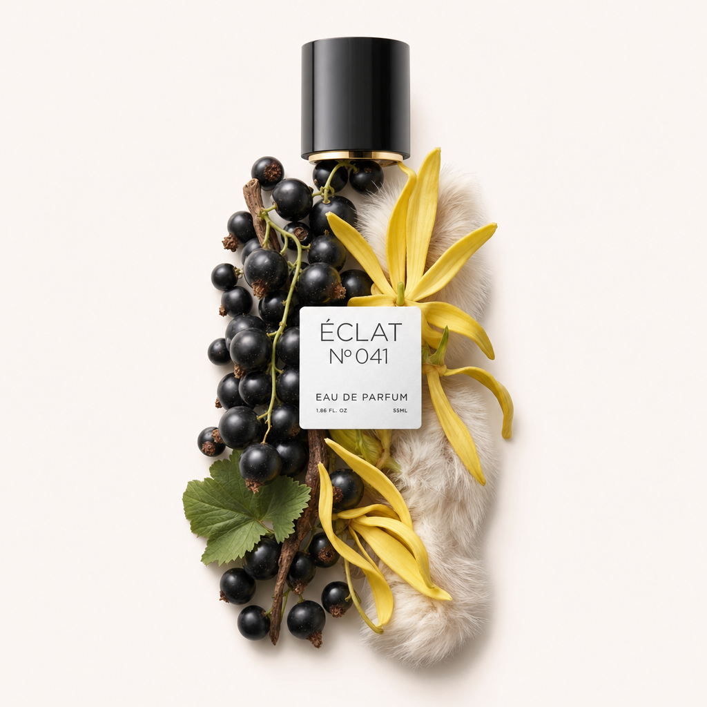 Una composizione di ribes nero, fiori di ylang-ylang e bastoncini di vaniglia circonda un tappo nero con un'etichetta recante il nome ÉCLAT Fruity Cassis.