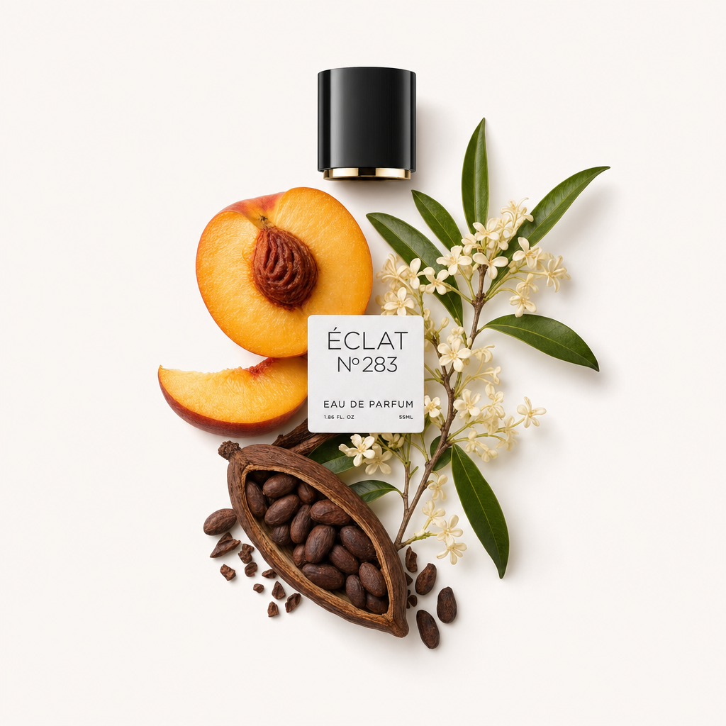 Una composizione di fette di pesca, fave di cacao con baccello e delicati fiori bianchi accanto a un tappo nero con etichetta, rappresentando ÉCLAT Fruity Cocoa.
