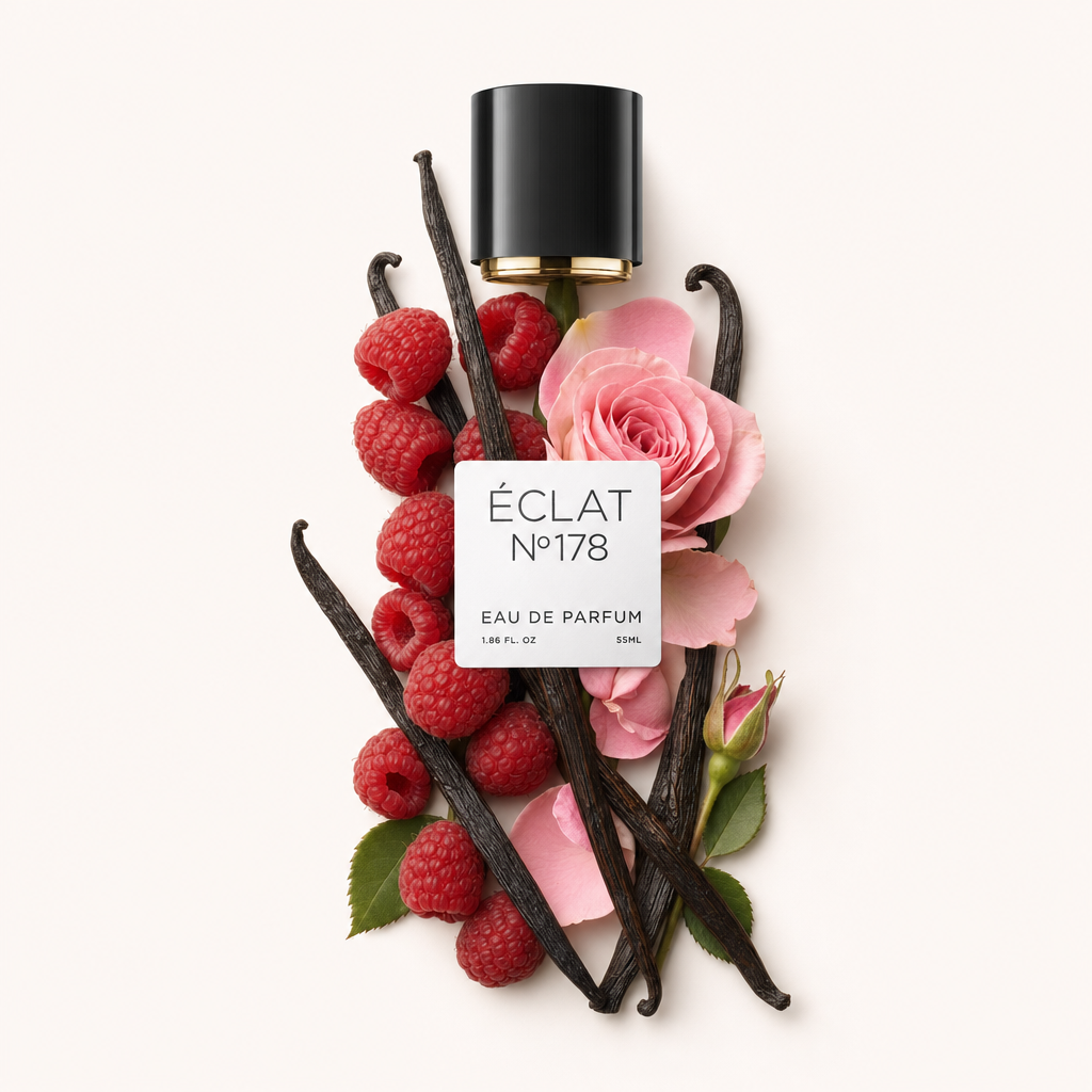 Un arrangiamento di lamponi, petali di rosa rosa e baccelli di vaniglia sotto un tappo nero con etichetta ÉCLAT Fruity Dark Rose.