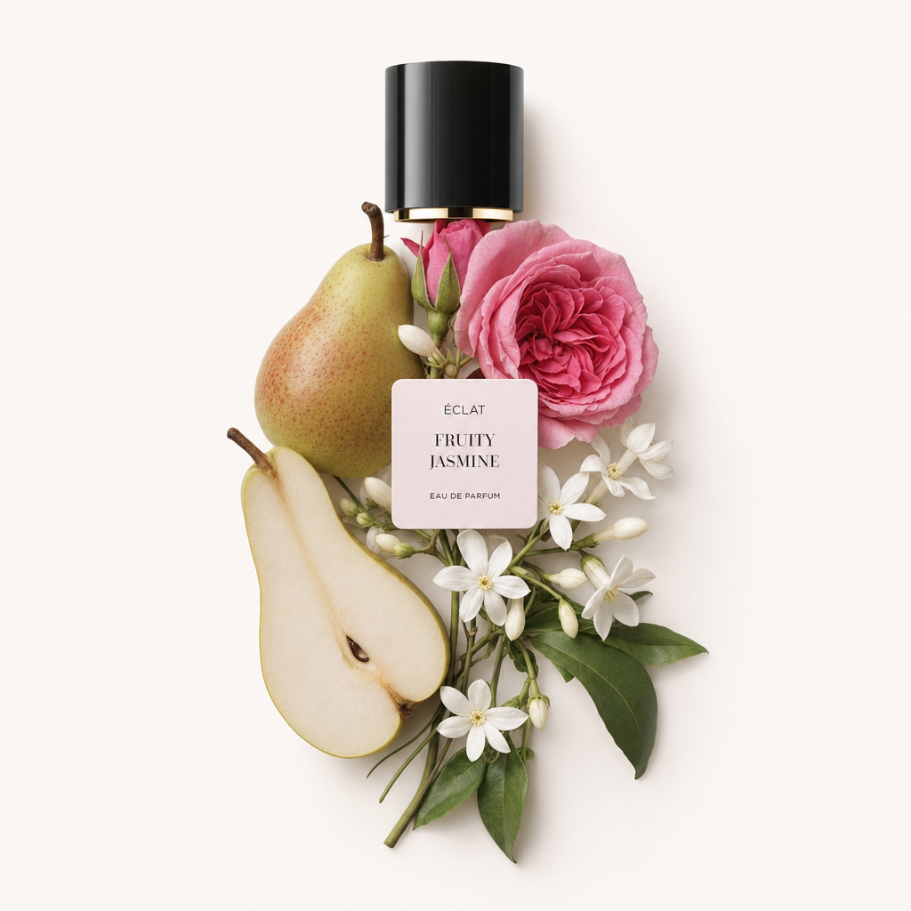 Una composizione di pera, rosa rosa e fiori di gelsomino con foglie verdi circonda un tappo nero con etichetta ÉCLAT Fruity Jasmine.