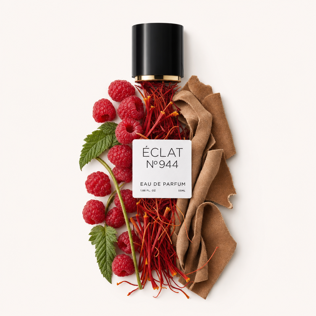 Una composizione artistica di lamponi con foglie verdi, fili di zafferano rosso e un pezzo di pelle marrone, che circonda un tappo nero con bordo dorato ed etichetta per ÉCLAT Fruity Leather.