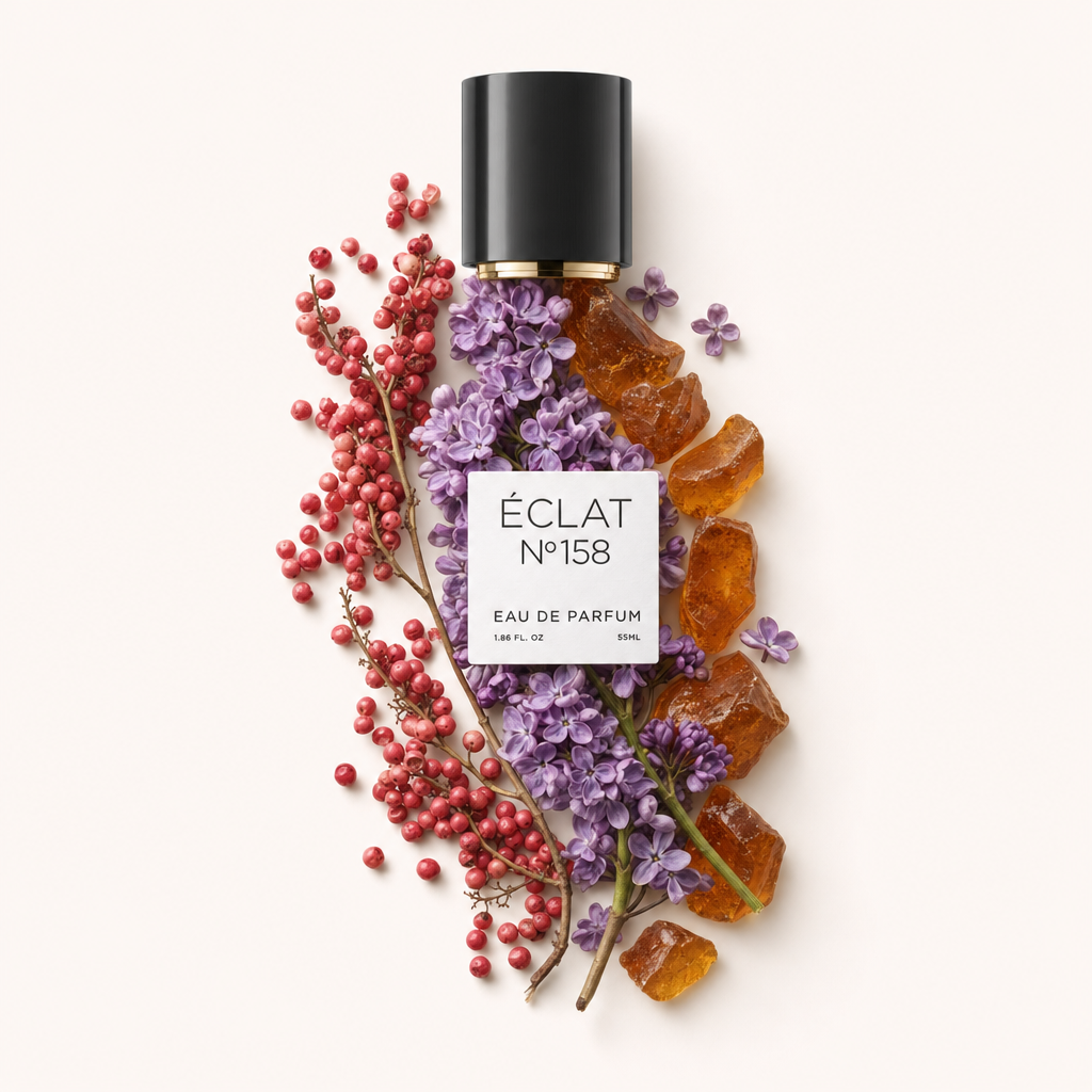 Una natura morta disposta a mano con fiori di lillà, grani di pepe rosso e resina simile all'ambra, circondando il tappo nero originale con etichetta di ÉCLAT Fruity Lilac.
