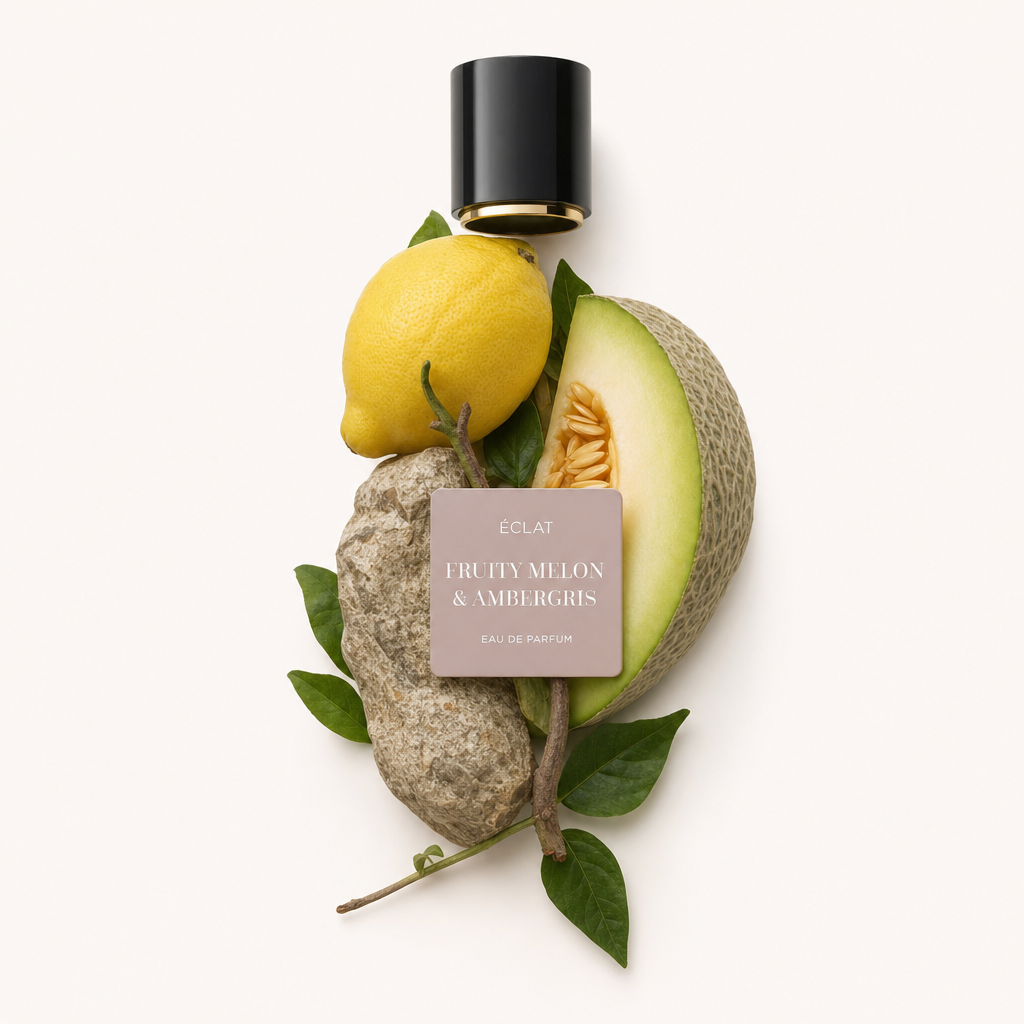Una composizione di limone, fetta di melone e pietra di ambra grigia, disposta con foglie verdi, sormontata da un tappo nero con etichetta ÉCLAT Fruity Melon & Ambergris.