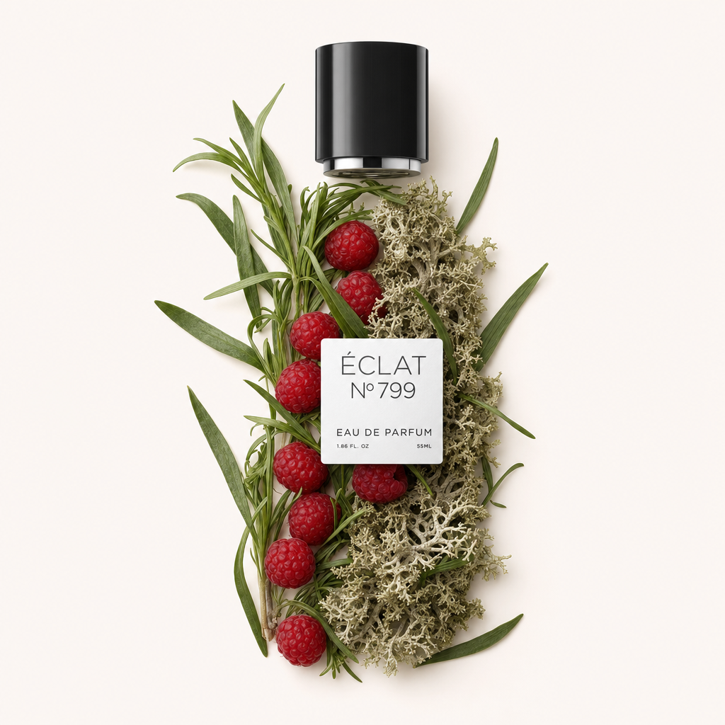 Un arrangiamento di lamponi, foglie verdi e muschio di quercia circonda un tappo nero con un'etichetta ÉCLAT Fruity Oak Moss.