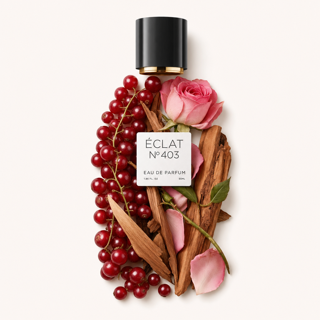 Una disposizione di ribes rosso, petali di rosa rosa e trucioli di legno circonda un tappo nero con etichetta ÉCLAT Fruity Rose.