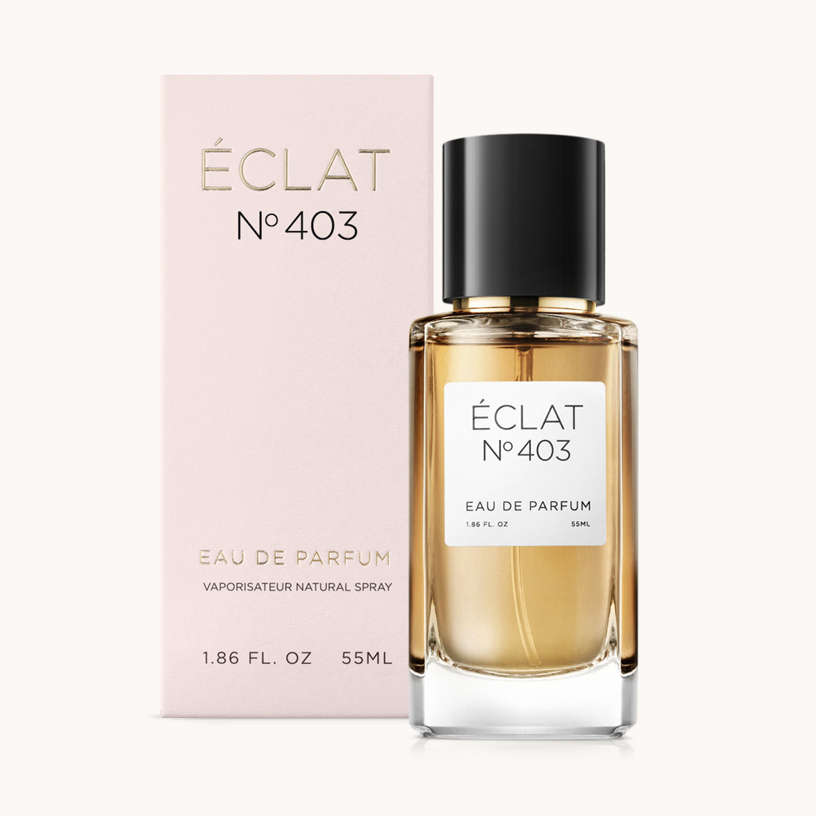 ÉCLAT Fruity Rose presenta un flacone in vetro sfaccettato con tappo nero, accompagnato da un'elegante scatola rosa pallido.