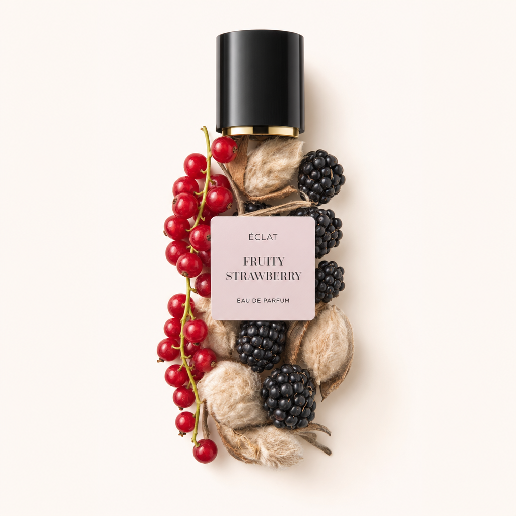 Una composizione di ribes rossi e more circonda il tappo del profumo ÉCLAT Fruity Strawberry con un'etichetta rosa pallido.