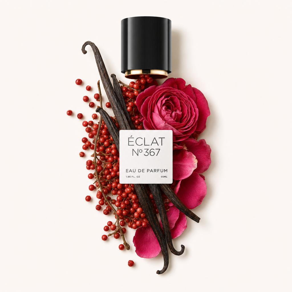 Una composizione di bacche rosse, petali rosa e baccelli di vaniglia, con un tappo nero ÉCLAT con etichetta.
