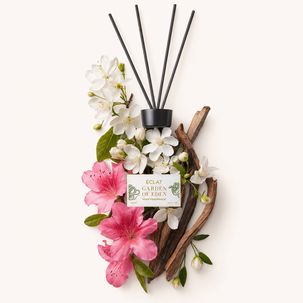 Un insieme di fiori bianchi e rosa con rami, con un tappo nero etichettato ÉCLAT Garden of Eden Room Fragrance Sticks.