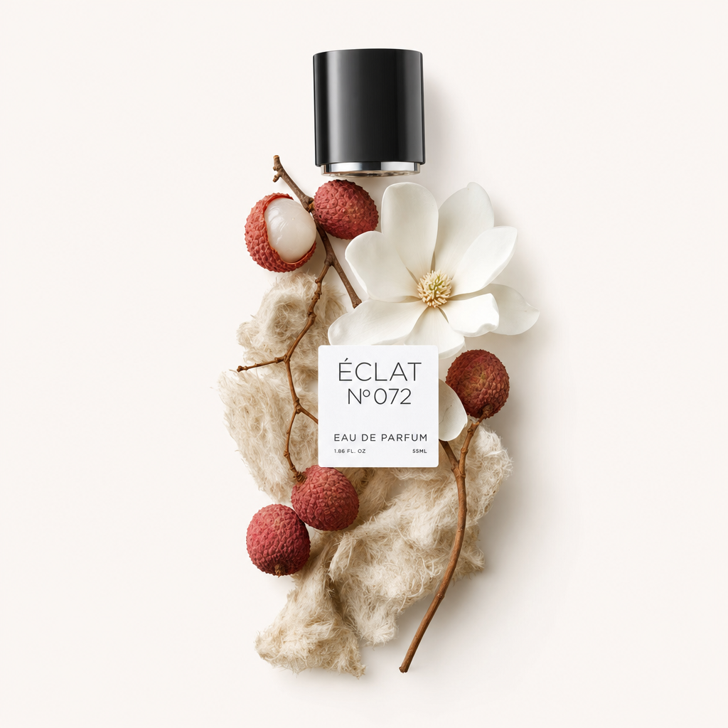 Un arrangiamento di frutta di litchi, fiore di magnolia e cotone grezzo circonda il tappo nero con etichetta ÉCLAT Ginger & Magnolia.