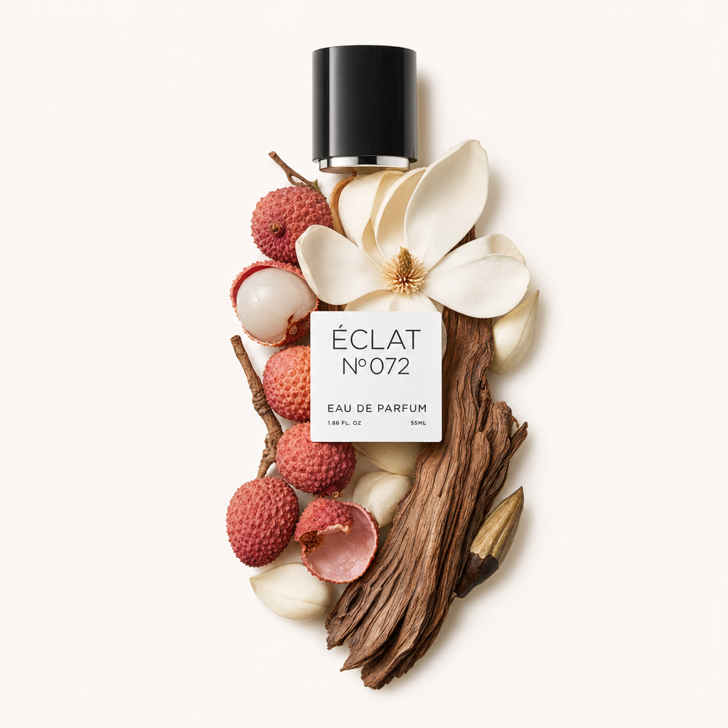 Una composizione di litchi, fiori di magnolia ed elementi di legno circonda un tappo nero con etichetta ÉCLAT Ginger & Magnolia.