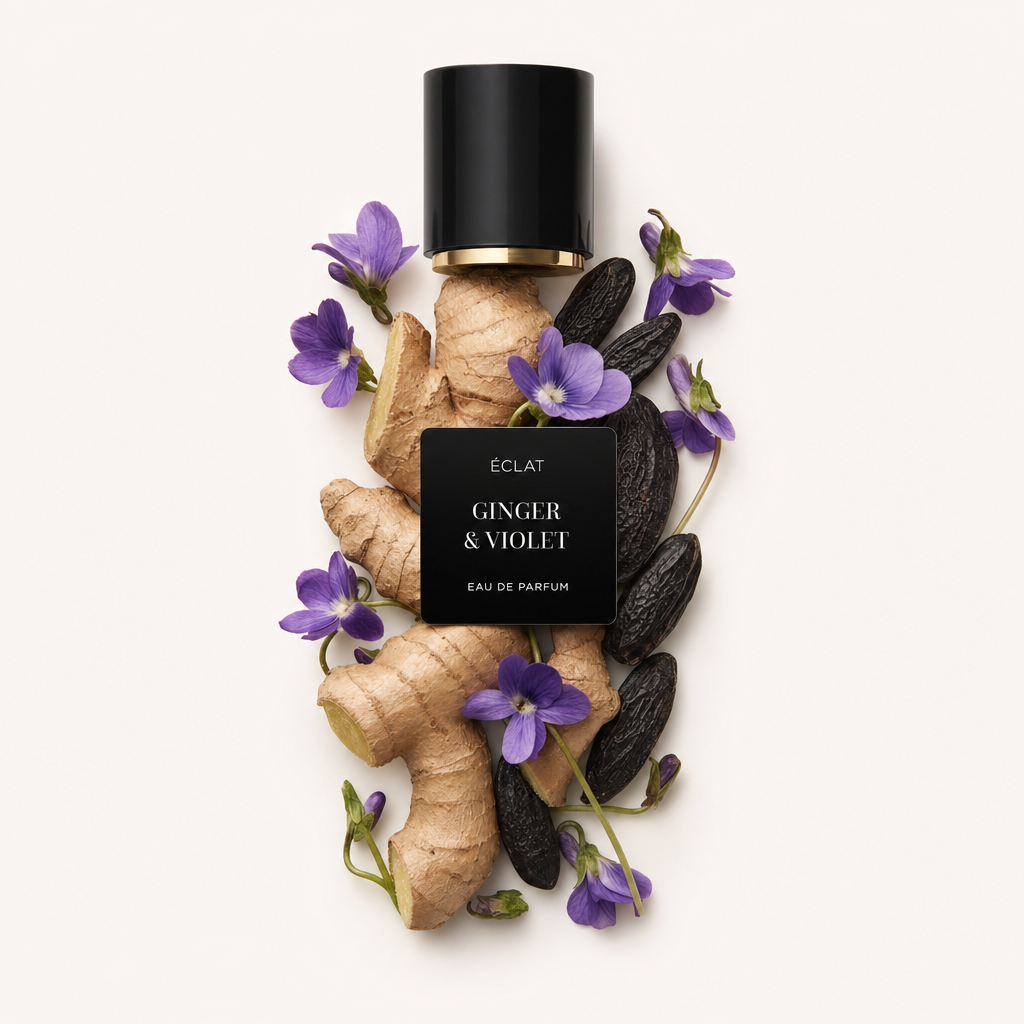 Una composizione artigianale di radici di zenzero, fiori di violetta e fagioli tonka circonda un tappo nero con etichetta ÉCLAT Ginger & Violet.