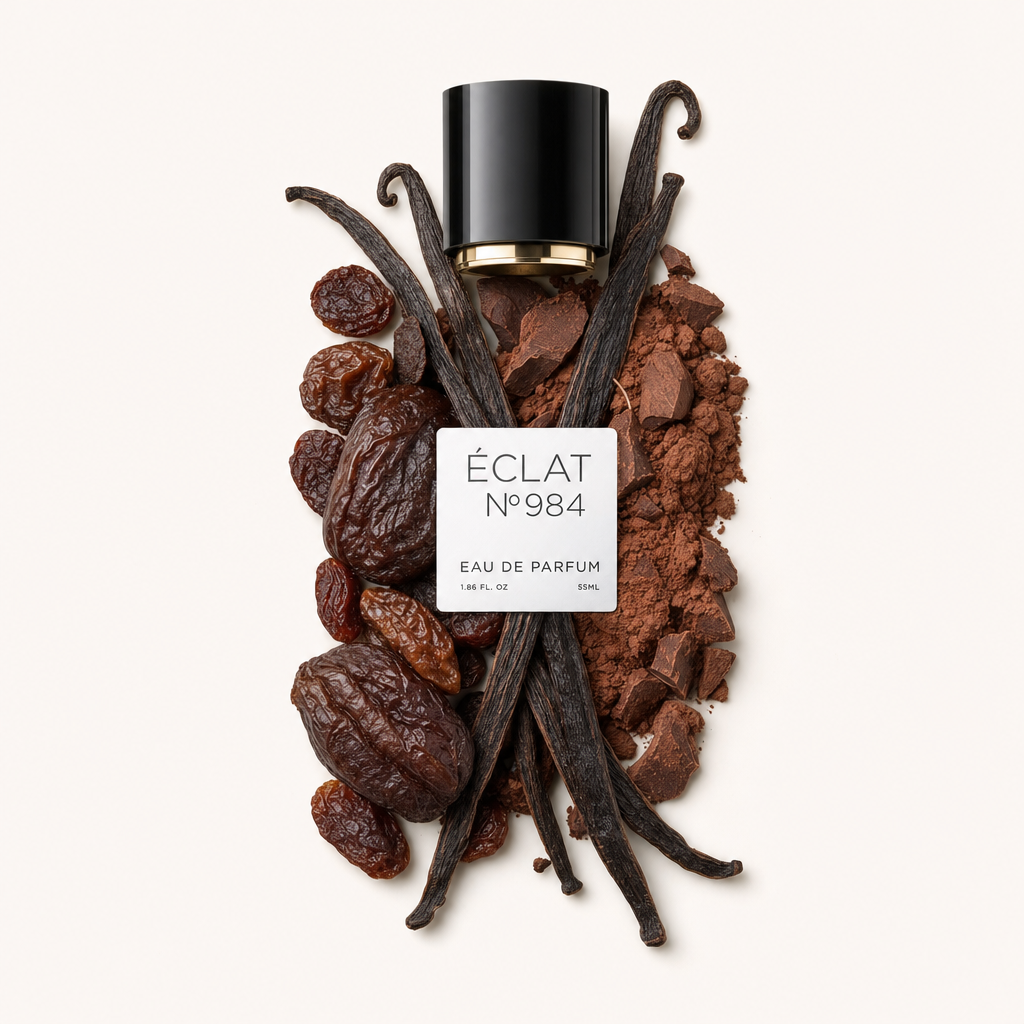 Un arrangiamento di polvere di cacao, baccelli di vaniglia e frutta secca circonda un tappo nero con l'etichetta ÉCLAT Gourmand Cocoa.