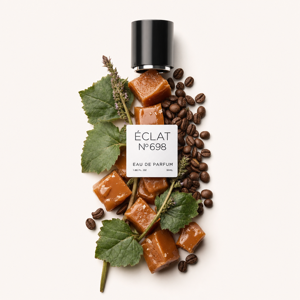 Un arrangiamento di cubi di caramello, chicchi di caffè e foglie verdi con il tappo nero originale e l'etichetta ÉCLAT in cima.